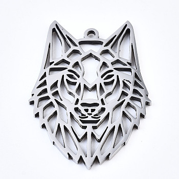 304 Stainless Steel Pendants, Laser Cut, Wolf, Stainless Steel Color, 31.5x22.5x1.5mm, Hole: 1mm