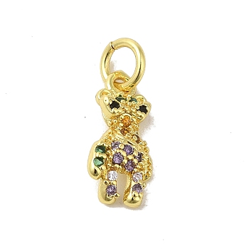Real 18K Gold Plated Brass Pave Colorful Cubic Zirconia Pendants, with Jump Rings, Bear, 13x6x2mm, Hole: 3mm