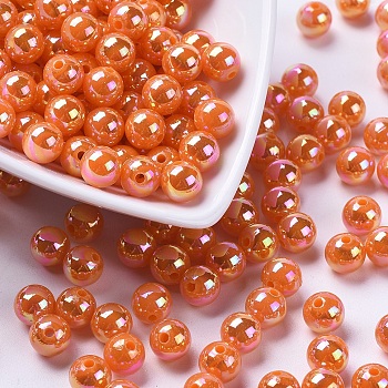 Eco-Friendly Poly Styrene Acrylic Beads, AB Color Plated, Round, Orange, 8mm, Hole: 1mm