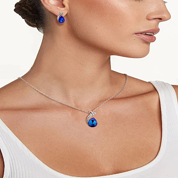 Alloy Rhinestone Pendant Necklace & Stud Earring Sets, Teardrop, Capri Blue, 16x9mm