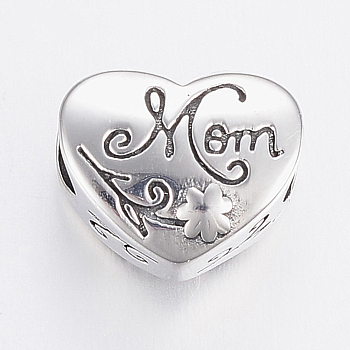 Mother's Day Theme, 304 Stainless Steel European Beads, Large Hole Beads, Heart with Flower and Word Mom, Antique Silver, 11.5x13.5x7mm, Hole: 5mm