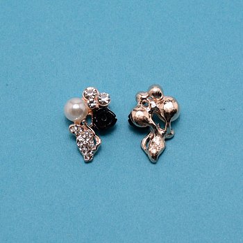 Alloy Cabochons, with Crystal Rhinestones and Arcrylic Imitation Pearl Beads, Cadmium Free & Lead Free, Flower, Light Gold, 21.5x15x8mm