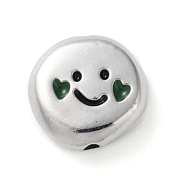 Alloy Enamel Beads, Flat Round with Smiling Face Pattern Beads, Platinum, Dark Green, 12x12x4mm, Hole: 1.5mm