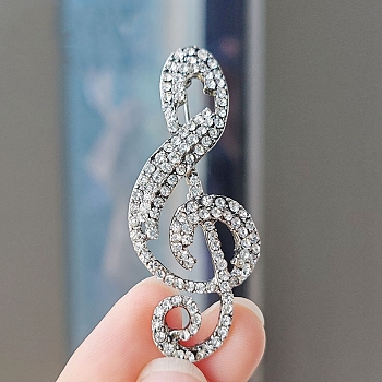 Alloy and Glass Rhinestone Musical Note Brooch, Clear, 52x22mm