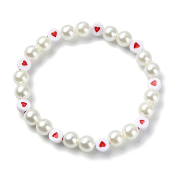 Heart & Imitated Pearl Acrylic Beaded Stretch Bracelets, White, Inner Diameter: 2-3/8 inch(61mm)