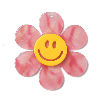 Two Tone Acrylic Big Pendants, Flower with Smiling Face, Light Coral, 55x50x4.5mm, Hole: 1.8mm