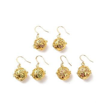 Natural Lava Rock Essential Oil Diffuser Dangle Earrings, Golden Plated Brass Round with Tree Cage Drop Earrings for Women, Mixed Color, 32.5mm, Pin: 0.8mm