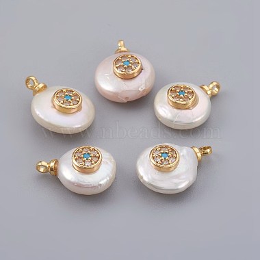 Real Gold Plated White Flat Round Pearl Pendants