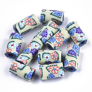 Handmade Polymer Clay Beads, Column with Flower Pattern, Pale Goldenrod, 12x7mm(X-CLAY-N006-36P)
