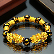 Natural Obsidian & Pi Xiu Stretch Bracelet, Om Mani Padme Hum Bracelet, Golden(MD5412-1)