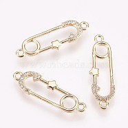 Brass Links, with Cubic Zirconia, Nickel Free, Brooch, Clear, Real 18K Gold Plated, 23.5x7x1.5mm, Hole: 1.2mm(KK-P157-57G-NF)