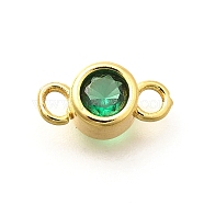 Brass Cubic Zirconia Connector Charms, Real 18K Gold Plated, Flat Round, Green, 5.5x11x4mm, Hole: 1.6mm(KK-G519-10G)