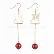 Dangle Earrings, with Glass Pearl Round Beads, Iron Bar Links, Brass Pendant and Earring Hooks, Butterfly & Triangle, Red, 77mm, Pin: 0.7mm(EJEW-JE03973-04)