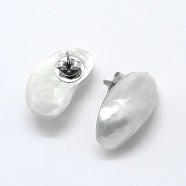 Shell Oval Ear Studs, with Platinum Plated Brass Pin, White, 18~25x9~15x4~7mm, Pin: 1mm(EJEW-E145-21A)