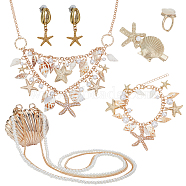 Elite Natural Shell & Alloy Starfish Charm Bracelet & Bib Necklace & Adjustable Ring & Dangle Stud Earrings & Aligator Hair Clip & Mini Crossbody Bags, Ocean Theme Jewelry Set for Women, Golden, 7Pcs/bag(SJEW-PH0001-11)