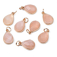 Natural Rose Quartz Pendants, with Light Gold Plated Brass Edge and Iron Loops, Teardrop, Faceted, 19x12x7.5mm, Junp Round: 6x1mm, Inner Diameter: 4mm(G-S359-364E)