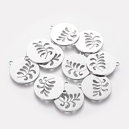201 Stainless Steel Pendants, Flat Round with Leaf, Stainless Steel Color, 18x1.1mm(STAS-Q201-T406)