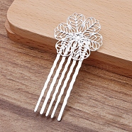 Brass Hair Comb Findings, with Filigree Flower, Silver, 62x30mm(OHAR-PW0001-425S)