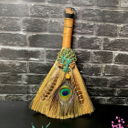 Straw Witch Altar Broom Display Decoration with Raw Natural Tiger Eye Chips, Tree of Life Peacock Feathers for Altar Ornaments, 320x190mm(WG15595-10)