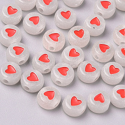 Luminous Acrylic Beads, Glow in the Dark, Flat Round with Heart, Red, 7x3.5mm, Hole: 1.8mm(X-MACR-S273-39)