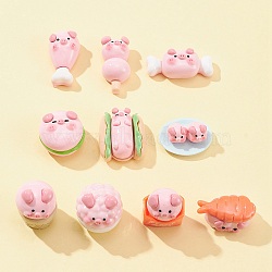 10Pcs 10 Styles Opaque Resin Cute Pig Imitation Food Decoden Cabochons, Pink, 14~31x14.5~33x12~19mm, 1pc/style(CRES-FS0001-13)