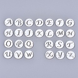 Natural Freshwater Shell Links Connectors, Flat Round with Letter, Random Mixed Letters, 14.5x1.5mm, Hole: 0.9mm(X-SHEL-S276-120)