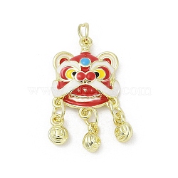 Alloy Enamel Pendants, with Jump Ring, Cadmium Free & Nickel Free & Lead Free, Lion Dance Charm, Golden, Rack Plating, Red, 26x15x5mm, Hole: 3mm(PALLOY-R151-28G)