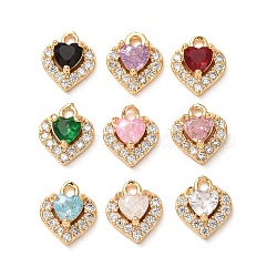 Valentine's Day Brass Micro Pave Cubic Zirconia Charms, Heart Charms, Rack Plating, Long-Lasting Plated, Cadmium Free & Lead Free, Real 18K Gold Plated, Mixed Color, 9x8x3mm, Hole: 1.2mm(CU-K002-38G-M)
