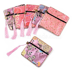 Chinese Brocade Tassel Zipper Jewelry Bag Gift Pouch, Square with Flower Pattern, Pink, 11.5~11.8x11.5~11.8x0.4~0.5cm(ABAG-F005-11)