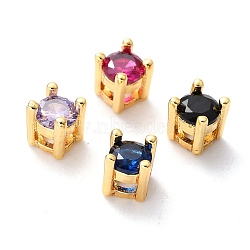 Brass inlaid Cubic Zirconia Slide Charms, Real 18K Gold Plated, Flat Round, Mixed Color, 4.5x4.5x5mm, Hole: 1x1.5mm(ZIRC-F125-02-G)