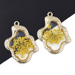 Epoxy Resin Pendants, with Dried Flower Inside and Light Gold Plated Alloy Open Back Bezel, Nuggets, Yellow, 35x26x1.5mm, Hole: 1.6mm(X-RESI-T045-028F)