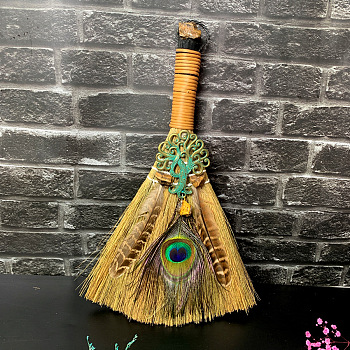Straw Witch Altar Broom Display Decoration with Raw Natural Tiger Eye Chips, Tree of Life Peacock Feathers for Altar Ornaments, 320x190mm