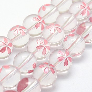 Grade A Natural Quartz Crystal Beads Strands, Round with Sakura, Pink, 12mm, Hole: 1mm, about 32pcs/strand, 15.7 inch