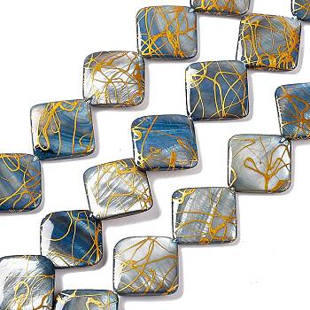 Drawbench Style Natural Freshwater Shell Beads Strands, Dyed, Rhombus, Marine Blue, 22~23x23~23.5x3~3.5mm, Hole: 0.6mm, about 18pcs/strand, 15.55~15.94 inch(39.5~40.5cm)