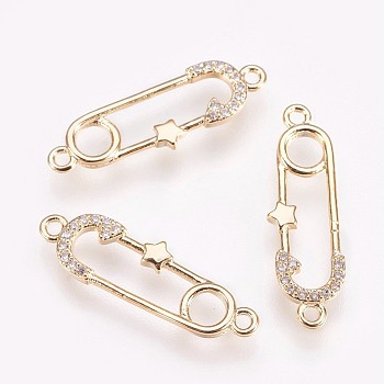 Brass Links, with Cubic Zirconia, Nickel Free, Brooch, Clear, Real 18K Gold Plated, 23.5x7x1.5mm, Hole: 1.2mm