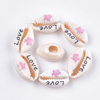 Printed Cowrie Shell Beads, No Hole/Undrilled, Sea Turtle & Love, Flamingo, 18~23x11~14x6.5~8mm