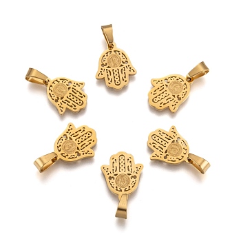 304 Stainless Steel Pendants, Hamsa Hand/Hand of Fatima /Hand of Miriam with Virgin Mary, Golden, 17.5x14x1.5mm, Hole: 7x4mm