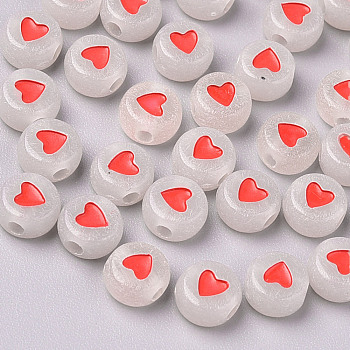 Luminous Acrylic Beads, Glow in the Dark, Flat Round with Heart, Red, 7x3.5mm, Hole: 1.8mm