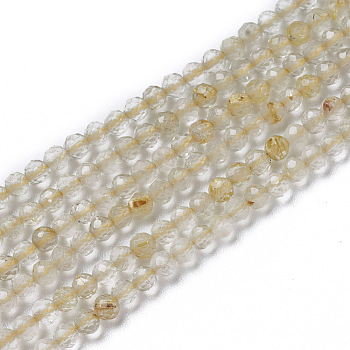 Natural Gold Rutilated Quartz Beads Strands, Faceted, Round, Gold, 3~3.5x2.5~3mm, Hole: 0.3mm, about 114~141pcs/strand, 15.1~16.4 inch(38.4~41.8cm)