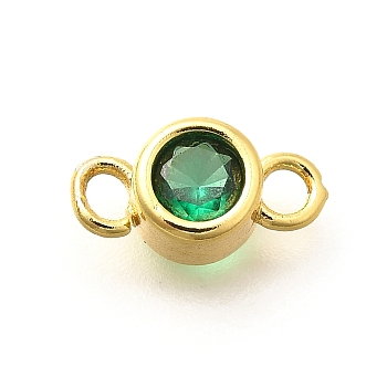 Brass Cubic Zirconia Connector Charms, Real 18K Gold Plated, Flat Round, Green, 5.5x11x4mm, Hole: 1.6mm