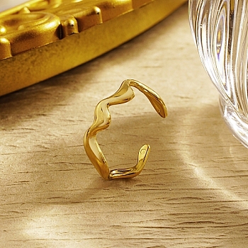 Wave Stainless Steel Cuff Rings, Open Finger Rings, Real 18K Gold Plated, 22x22mm