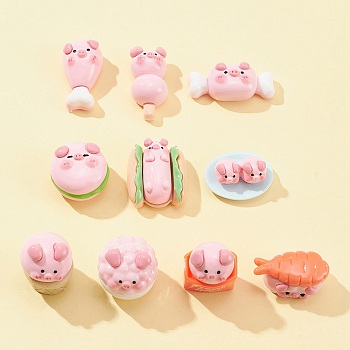 10Pcs 10 Styles Opaque Resin Cute Pig Imitation Food Decoden Cabochons, Pink, 14~31x14.5~33x12~19mm, 1pc/style