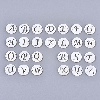 Natural Freshwater Shell Links Connectors, Flat Round with Letter, Random Mixed Letters, 14.5x1.5mm, Hole: 0.9mm