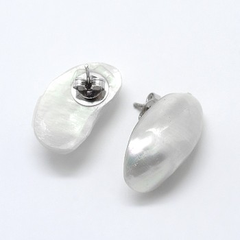 Shell Oval Ear Studs, with Platinum Plated Brass Pin, White, 18~25x9~15x4~7mm, Pin: 1mm