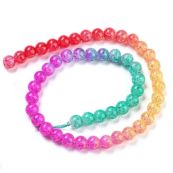 Spray Painted Crackle Glass Beads Strands, Gradient Color, Segmented Multi-color Beads, Round, Orange, 8mm, Hole: 1mm, about 48pcs/strand, 14.96 inch(38cm)