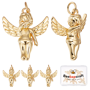 Angel Brass Pendants, with Jump Rings, Cadmium Free & Nickel Free & Lead Free, Real 18K Gold Plated, 20.5x18x7.5mm, Hole: 3.4mm, about 6pcs/box