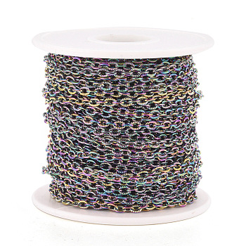 Ion Plating(IP) 304 Stainless Steel Cable Chains, Textured, Unwelded, with Spool, Rainbow Color, 66x61mm, 4x3.2x0.6mm, about 65.61 Feet(20m)/roll