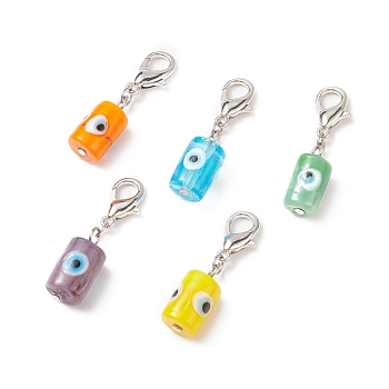 Evil Eye Lampwork Column Pendant Decorations, with Alloy Lobster Claw Clasps, Platinum, 38mm