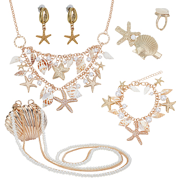 Elite Natural Shell & Alloy Starfish Charm Bracelet & Bib Necklace & Adjustable Ring & Dangle Stud Earrings & Aligator Hair Clip & Mini Crossbody Bags, Ocean Theme Jewelry Set for Women, Golden, 7Pcs/bag
