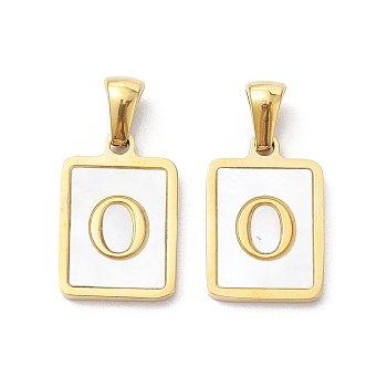 Ion Plating(IP) 304 Stainless Steel Pave Shell Pendants, Rectangle Charm, Real 18K Gold Plated, Letter O, 17.5x12x1.5mm, Hole: 3x5mm